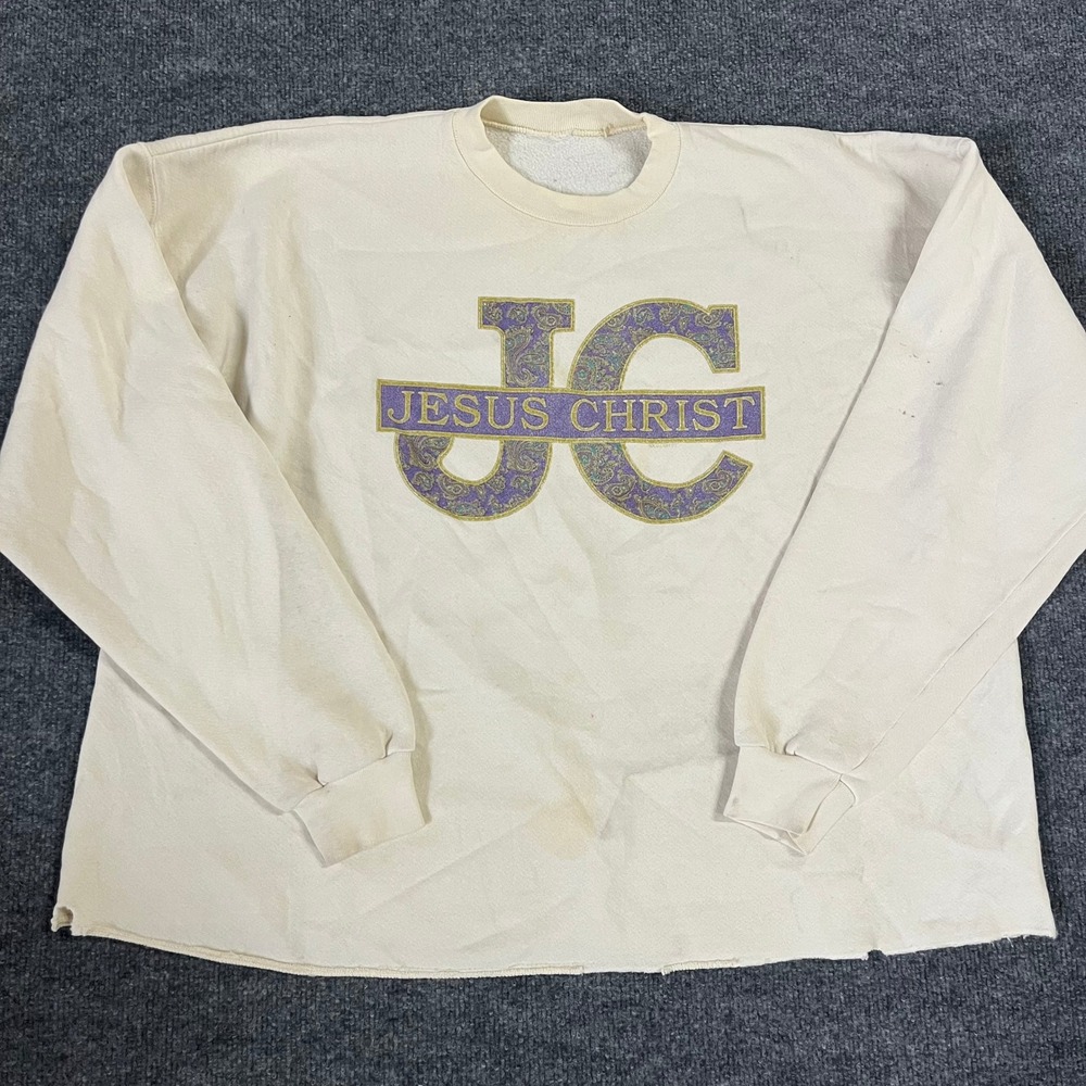 Unbranded Sweatshirt Mens Size XL Cream Jesus Christ Graphic Raw Hem Streetwear